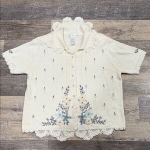 Koret Women’s Cream Floral Embroidered Sweater with Lace Detail and Pearl Button